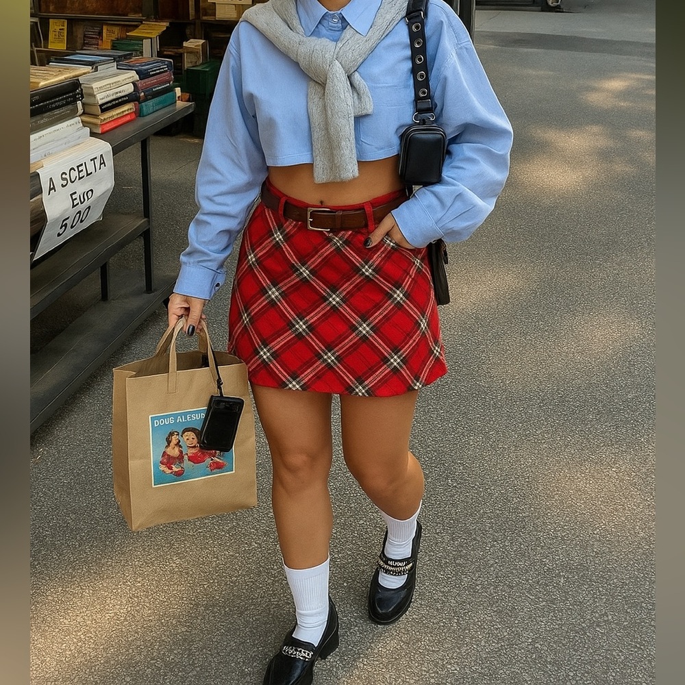 Red Plaid wool blend Mini Skirtpreppy